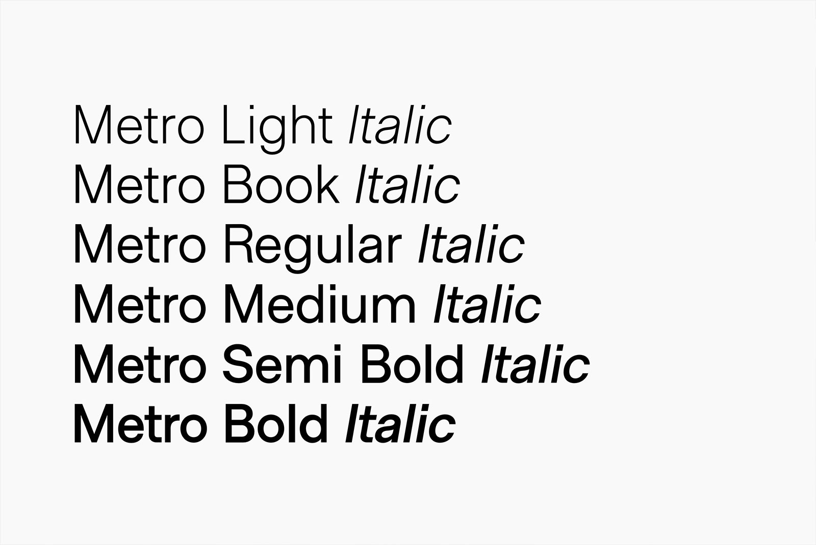 Metro Sans LightI talic Font preview
