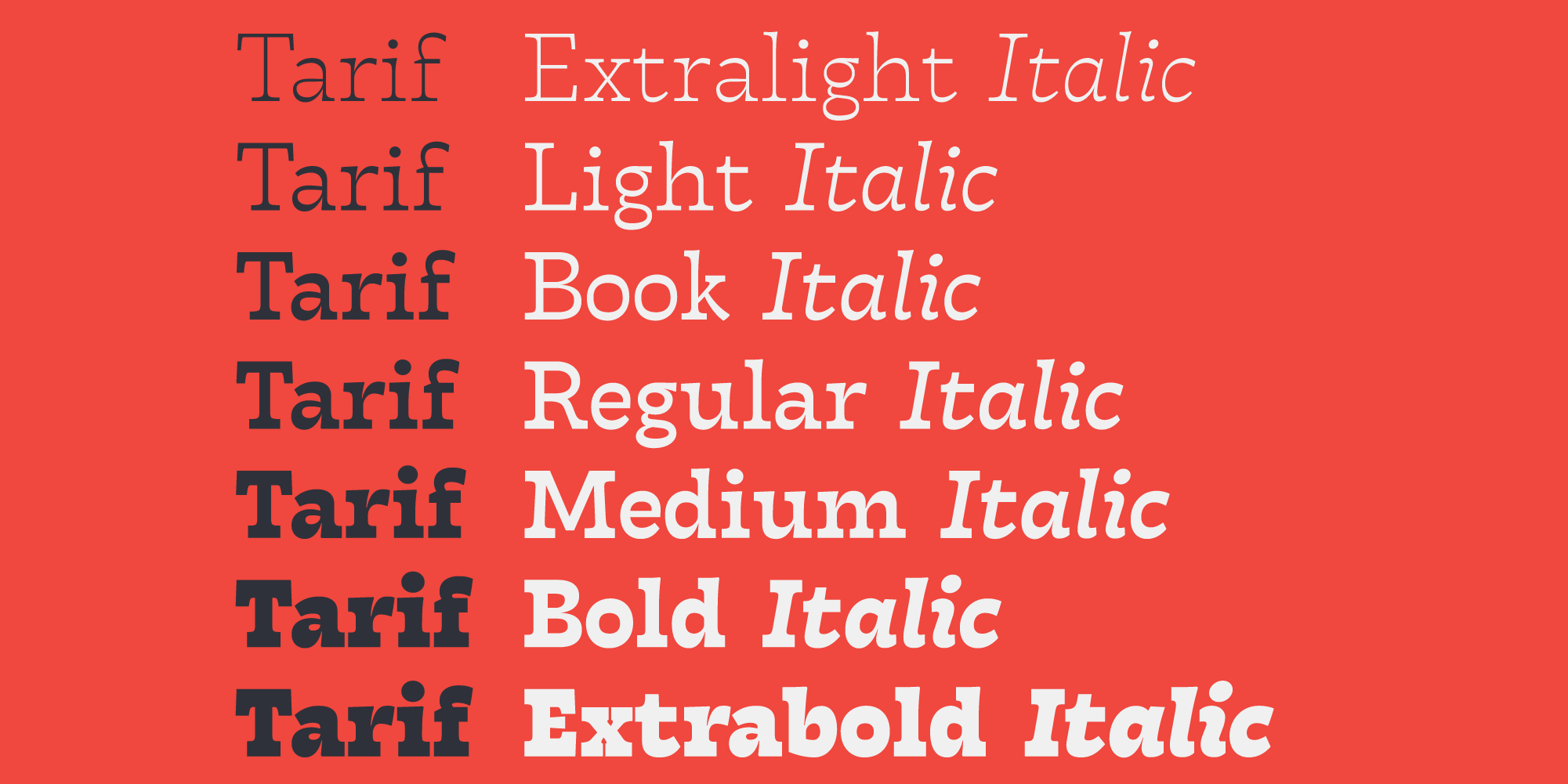 Tarif Trial Extra light Italic Font preview
