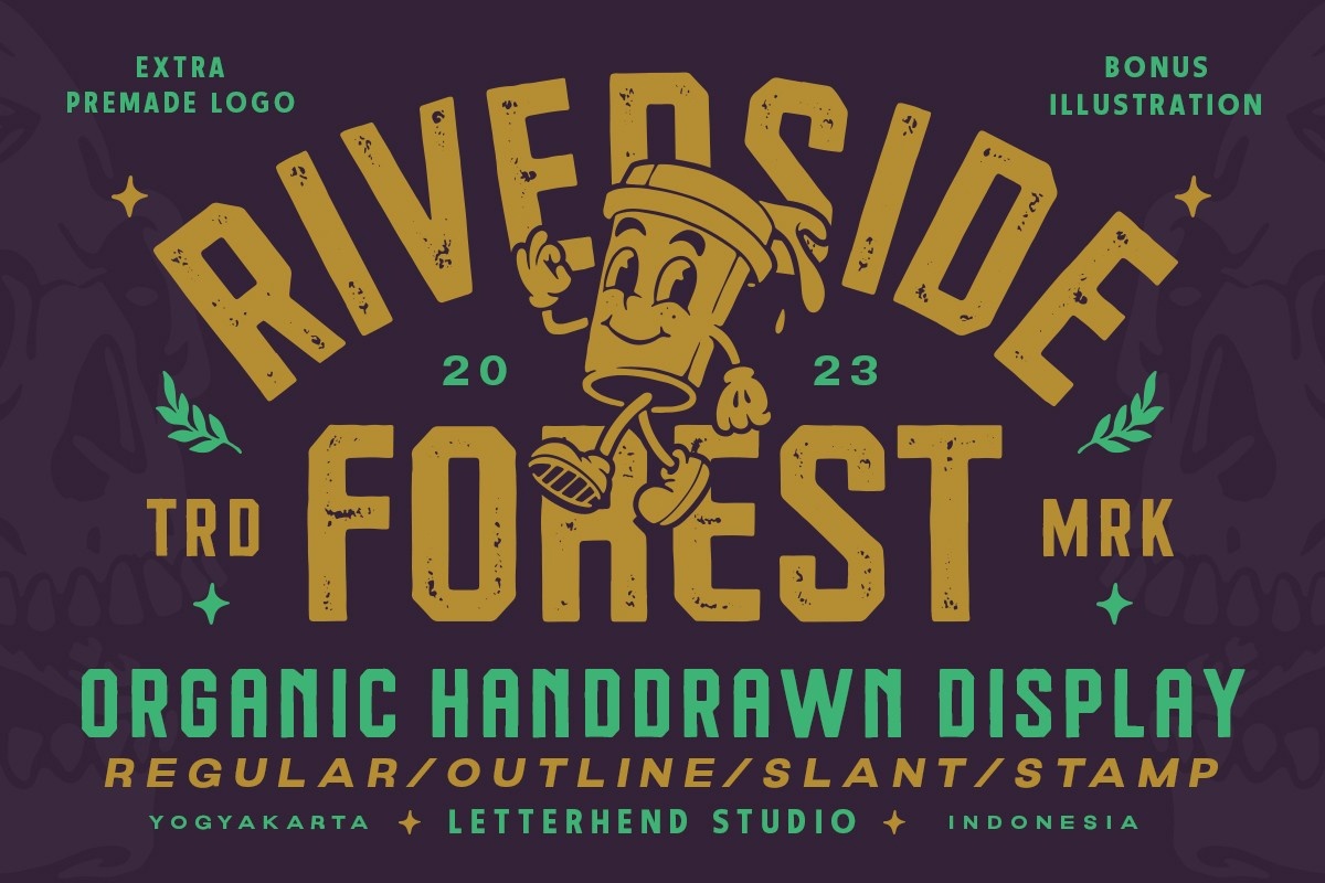 Riverside Forest Outline Stamp Font preview